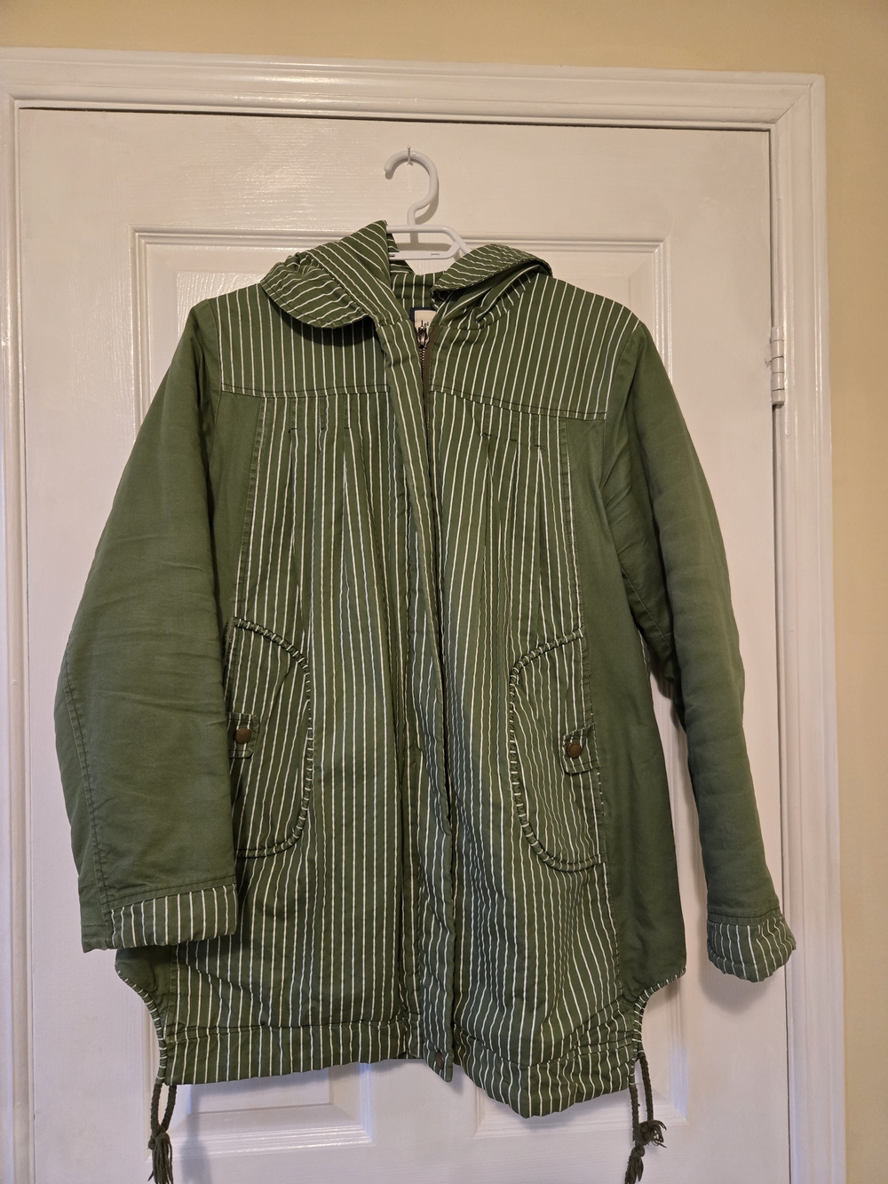 Leishi BY Green Striped Hooded Utility Jacket Sherpa Lined XL